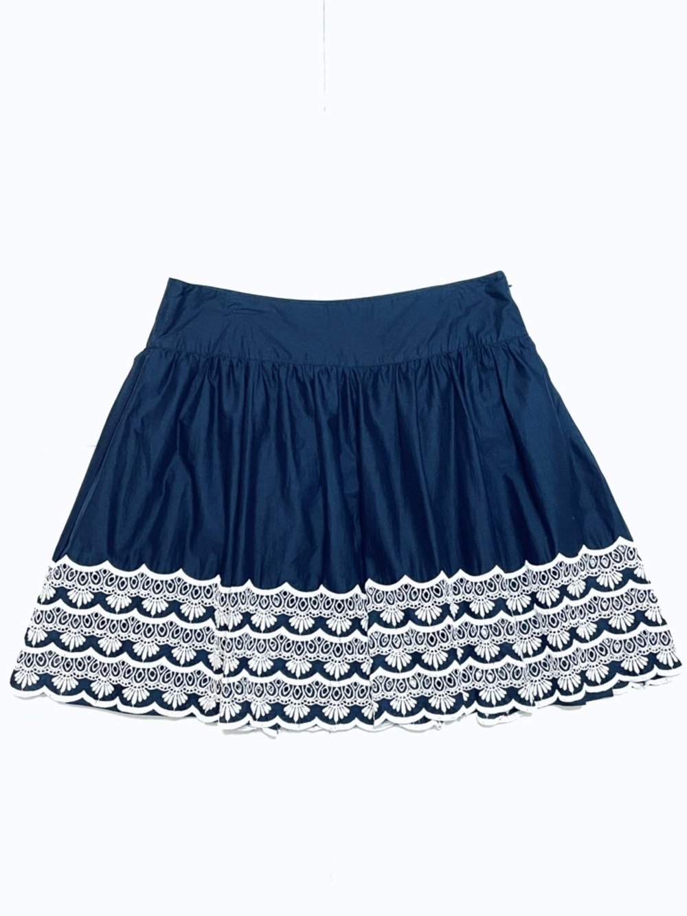 INC International Concepts Navy Blue Embroidered Skirt White Lace Trim Size 16